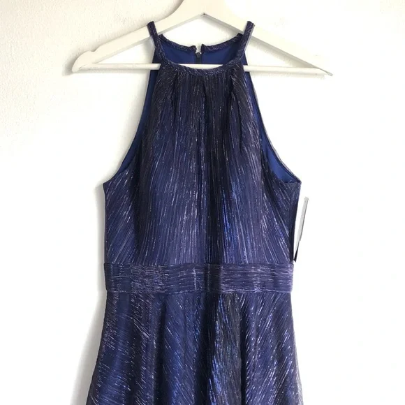 NWT Betsy & Adam Navy Blue Ombré Metallic Halter Neckline Dress Gown Size 8